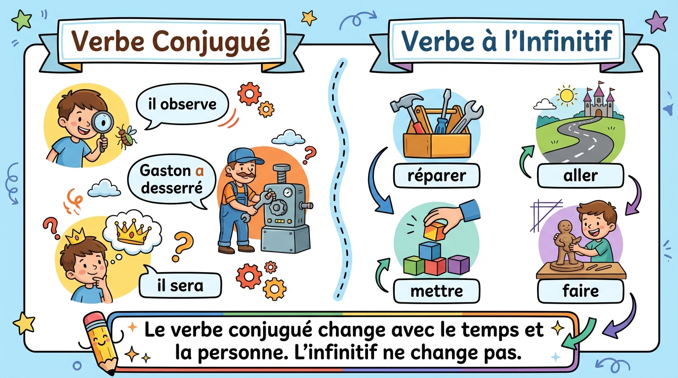 Verbe conjugué : il observe, Gaston a desserré, il sera. Verbe à l'infinitif : réparer, mettre, aller, faire. Le verbe conjugué change avec le temps et la personne, l'infinitif ne change pas.